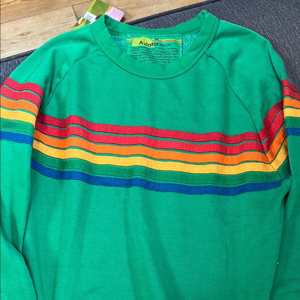 Aviator Nation Green 5 Stripe Rainbow Sweatshirt  - size M